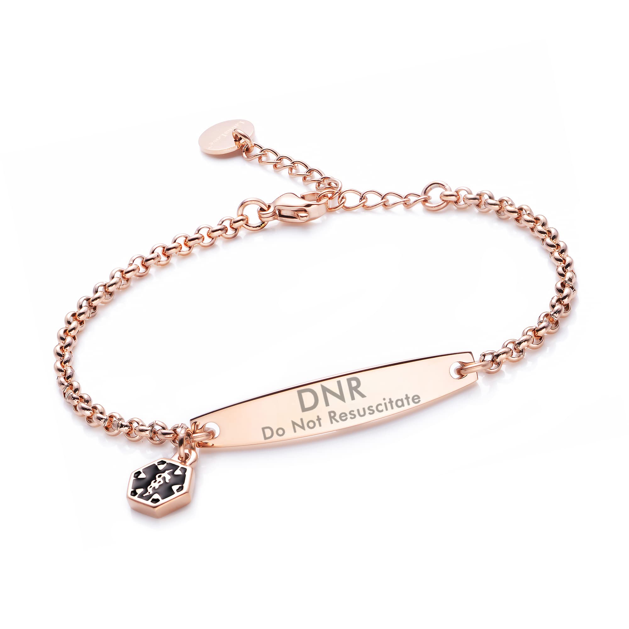 LinnaLove Medical alert bracelets for Women stainless steel Simple Rolo chain medical id bracelets with free engraving 6.5-8 inches adjusted-rose gold-dnr — image 1