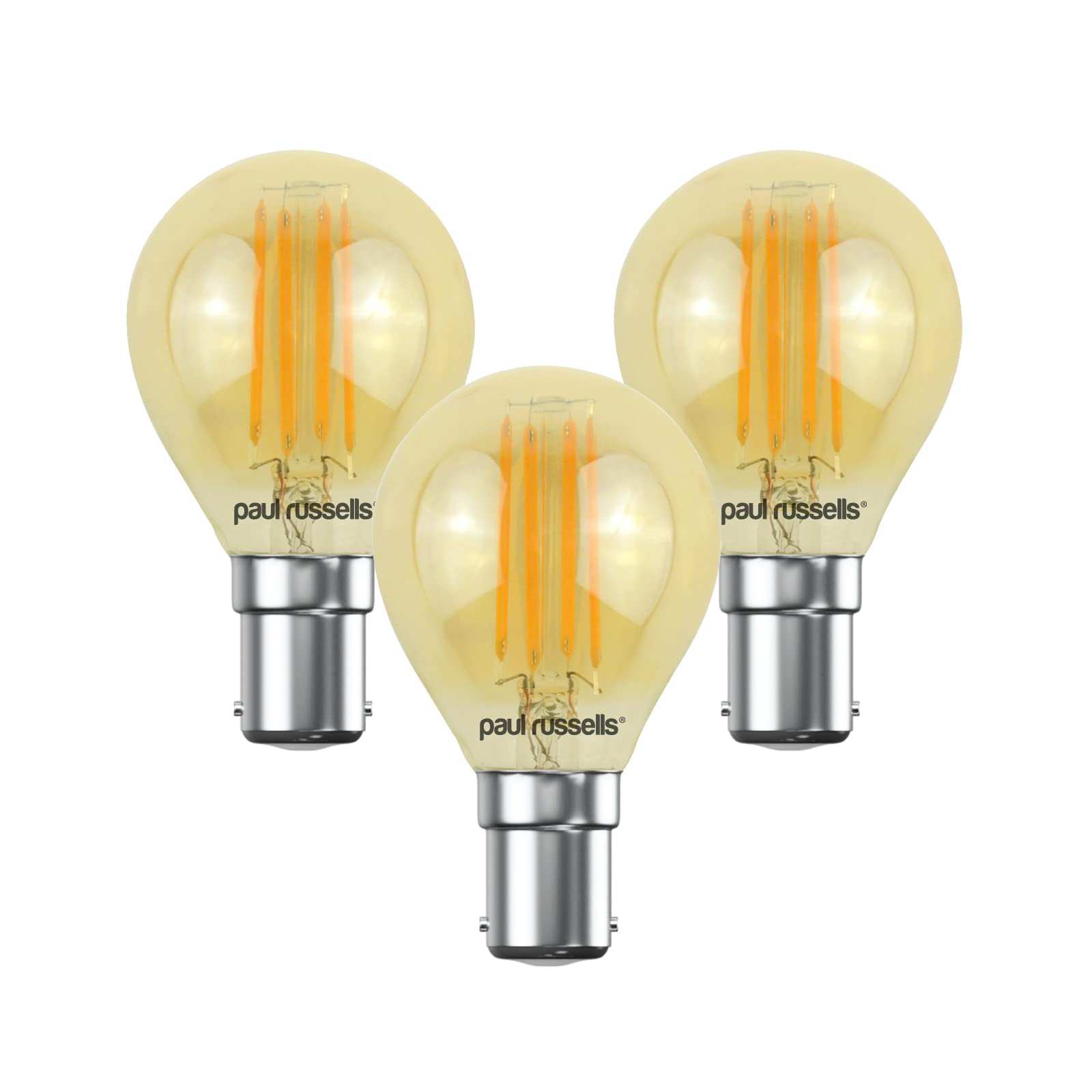 paul russells LED Filament Golf Ball Light Small Bayonet Cap B15D, 35W Equivalent G45 Bulbs, 4W 380LM LED SBC 2200K Amber Lamps, Home Ceiling Chandelier Energy Saving Lightbulbs, Pack of 3
