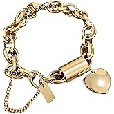 925 Sterling Silver Locking Bracelet With Key, 14K Yellow Gold Thick Chain Bracelet Heart Love Pendant Wrist, Lock Bracelet And Key Necklace Set For Women