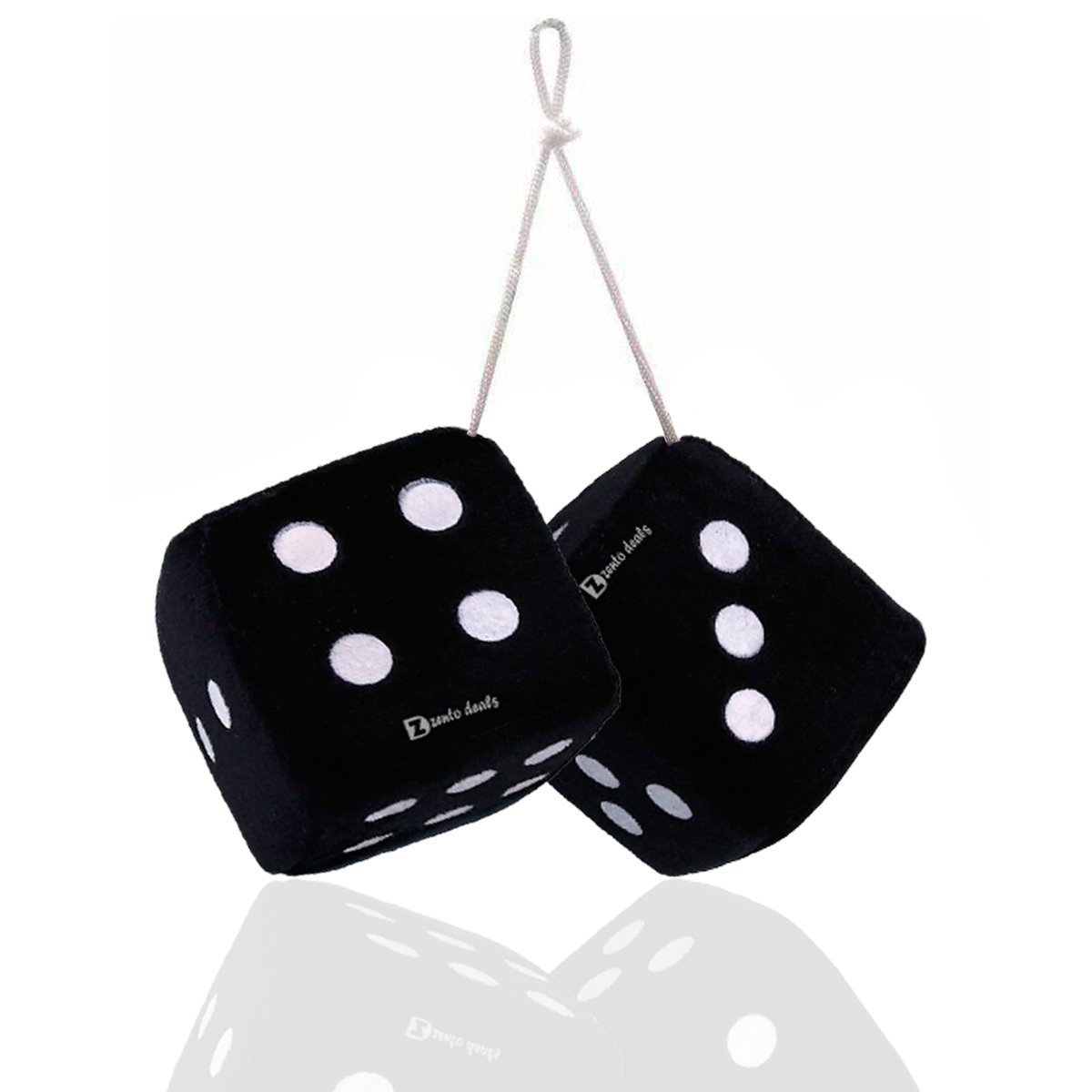 Zento Deals Pair of Furry Dice 3 inch Square Black Hanging White Dots Fuzzy Black Fluffy Dice For Car