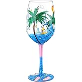 NymphFable Beach Wine Glasses 15oz Hand Painted Colorful Wine Glasses, Blue Sea Beach Themed Gift for Women Men