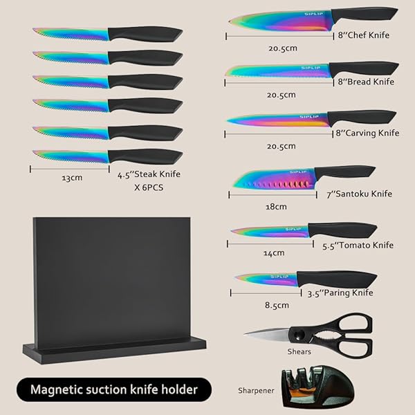 SIPLIP 15-PIECE HIGH CARBON STAINLESS STEEL KITCHEN KNIFE SET WITH MAGNETIC HOLDER – INCLUDES CHEF’S, BREAD, SERRATED STEAK KNIVES AND SHARPENER