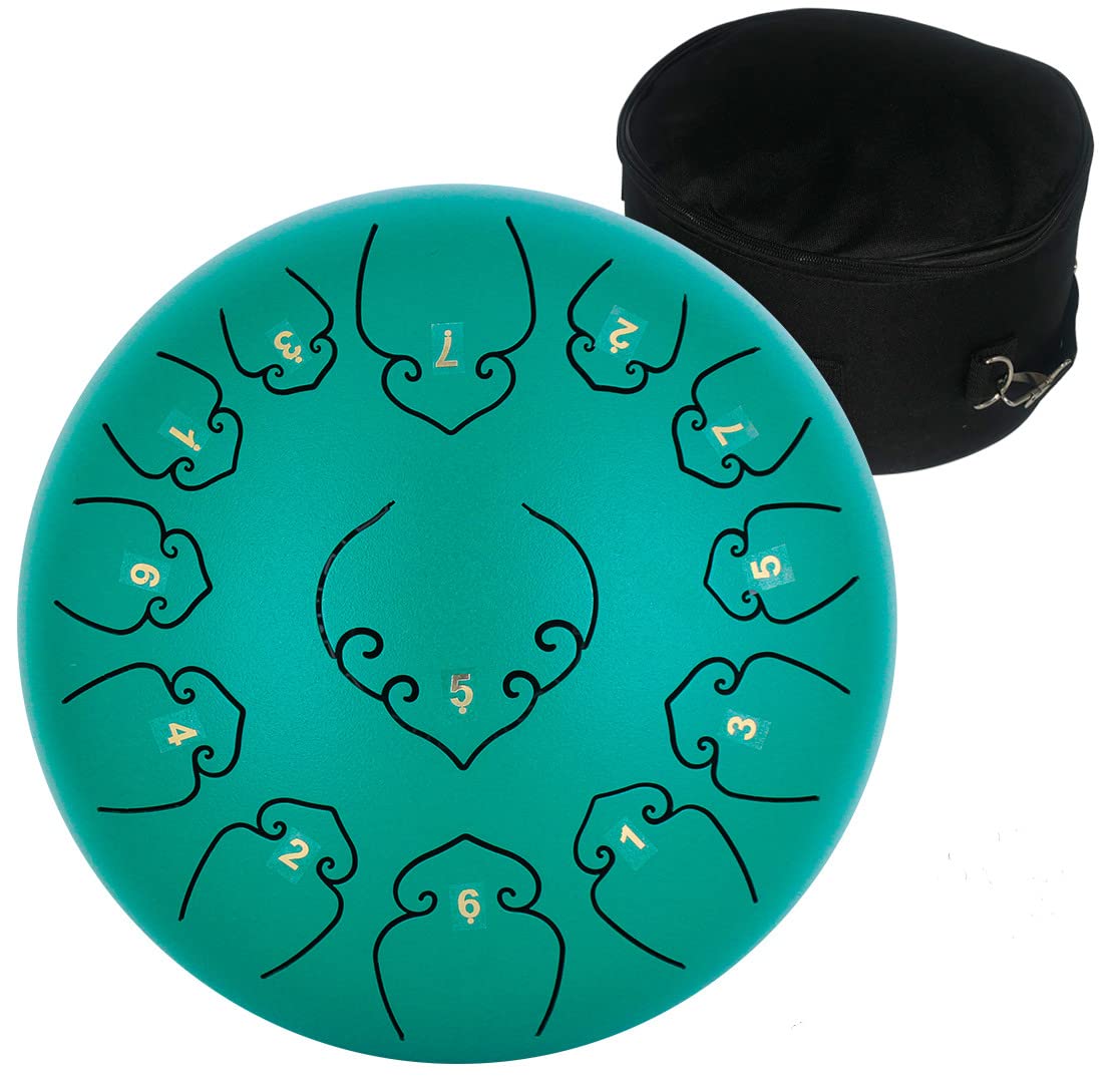 Amkoskr Steel Tongue Drum, 12 Inch 13 Notes C Major Handpan, Steel Drums with Carry Bag, Drumsticks, Rain-Drum for Garden for Meditation, Yoga, Musical Education, Green