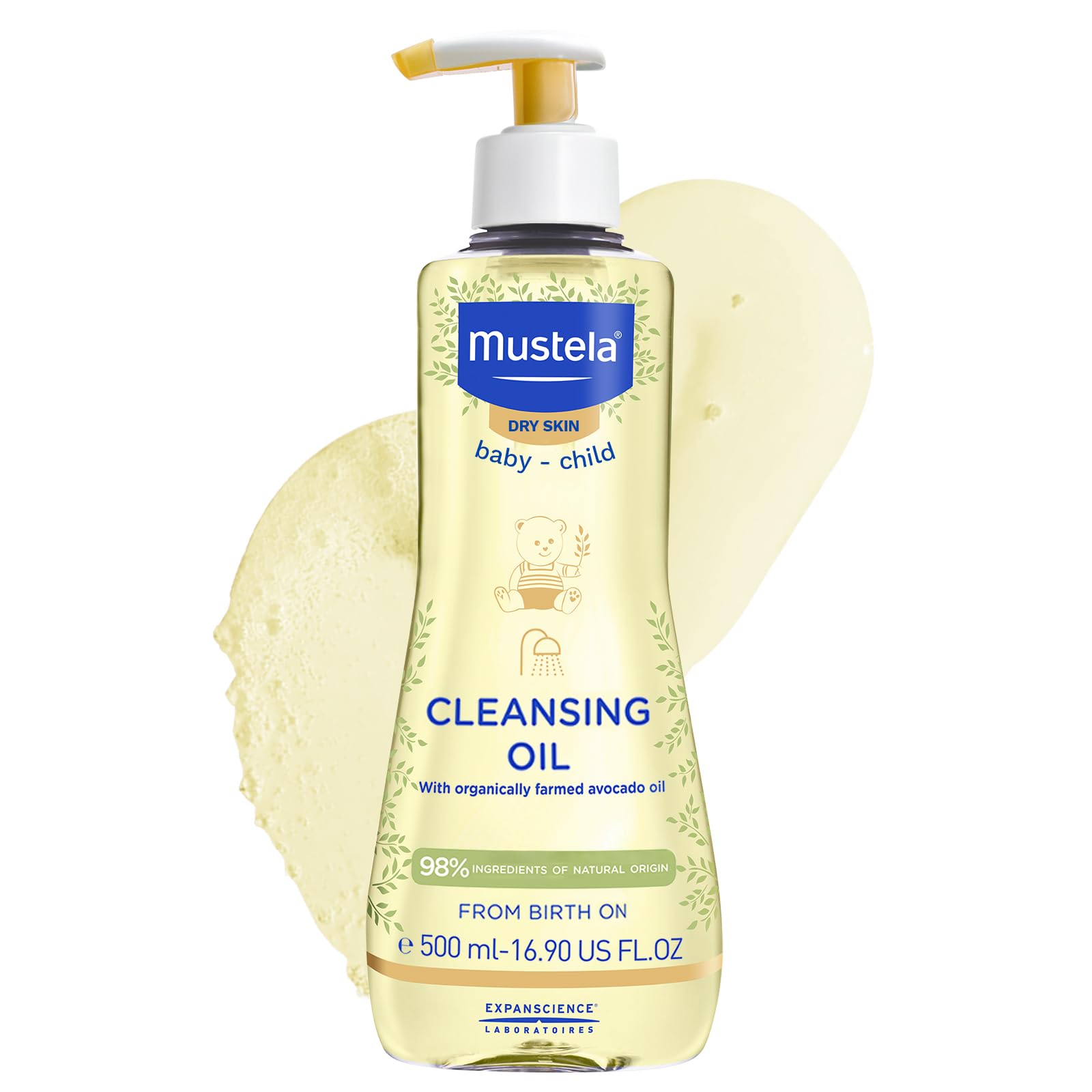 Mustela - Cleansing Oil with Organic Avocado Oil and Natural Glycerin - Nourishing Oil for Dry Skin - Gentle Baby Oil for Face, Body, and Hair - Protects Against Drying Effects of Hard Water - 500 ml