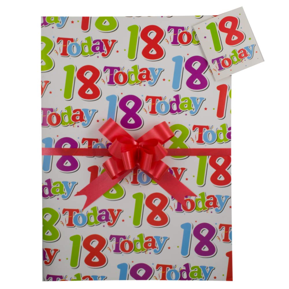18th Birthday Age 18 Eighteen Gift Wrap Pack, 2 Sheets, 2 Tags and 2 Red Pull Bows. Packaged in a Boarded A4 Envelope for Protection, Male Female Eighteeth Birthday Gift Present