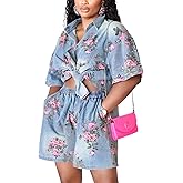 Mandonce Denim 2 Piece Set Flower Print Short Sleeve Distressed Denim Shirt Elastic Waist Shorts Sets Trendy Vacation Outfits