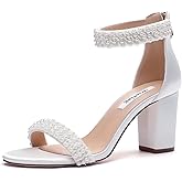 Winflag Block Heel Wedding Sandals Pearl Heels Open Toe Wedding Shoes for Bride Bridal Shoes