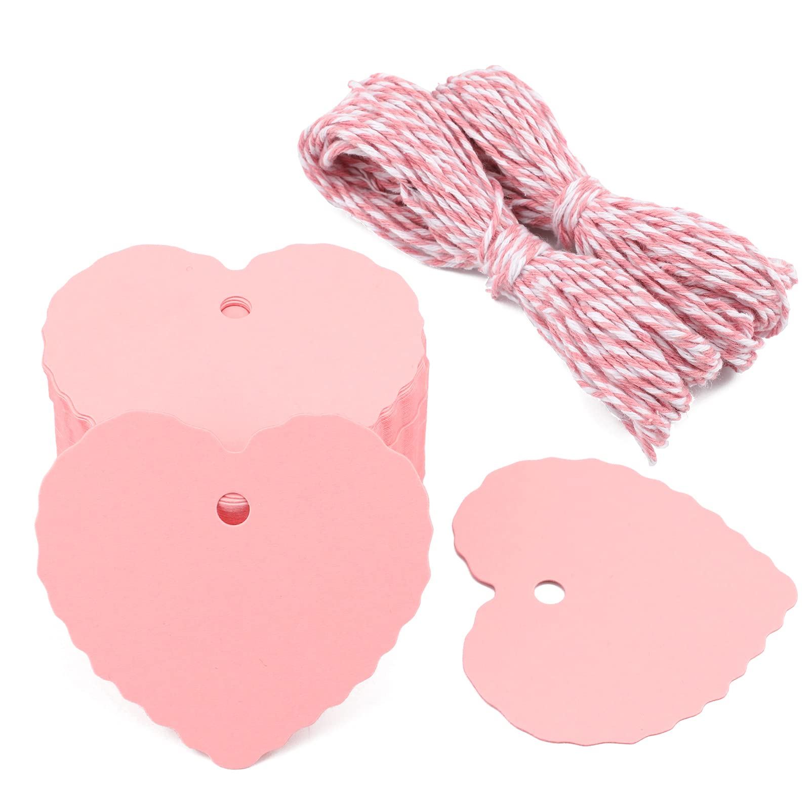G2PLUS Heart Shaped Paper Gift Tags, 100 PCS Blank Favors Labels, 5.5x6 CM Paper Hang Tags with String for Wedding Party Supplies
