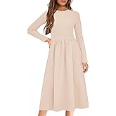 YOVION Girls Long Sleeve Dress Knit Patchwork A-Line Fall Winter Casual Midi Dresses with Pockets for 6-12 Y