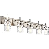 QueeuQ Bathroom Vanity Lighting Fixtures 5 Lights,Brushed Nickel Bathroom Vanity Lights with Clear Hammered Shade Wall Sconce