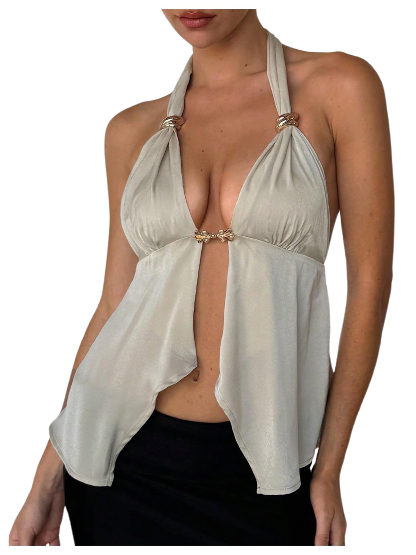 Photo 1 of (MEDIUM) (BAGGED) MakeMeChic Women's Satin Halter Tops Metal Ring Tie Open Back Asymmetrical Ruffle Tank Tops Apricot Medium