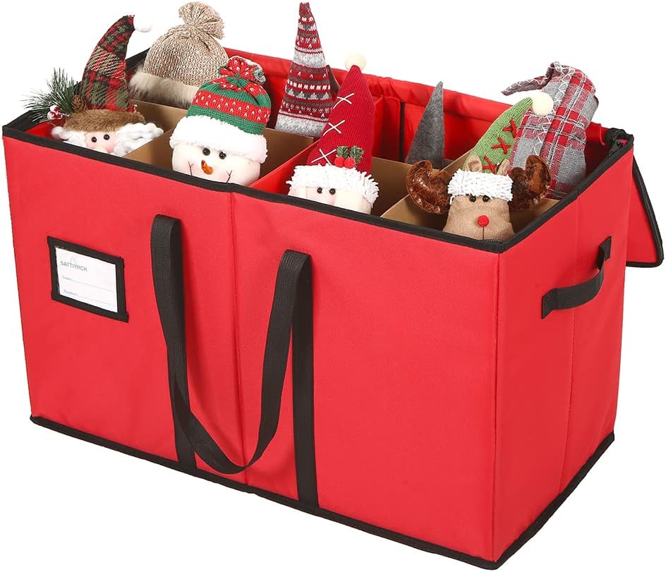 Holiday Décor Storage - Sattiyrch Christmas Figurine Storage Box & Nutcracker Storage Container, 600D Canvas,Keeps 8 Holiday Figurines,15 Inches,Adjustable Area & Pockets for Decorations