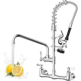 Commercial Wall Mount Kitchen Faucet with Pull Down Pre-Rinse Sprayer, Adjustable Swing Spout, Heavy-Duty Utility Sink Tap for Restaurant, Bar, 3 Compartment Sinks