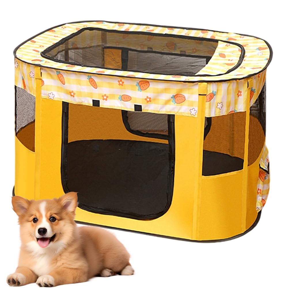 Foldable Pet Playpen, Cat Dog Playpen, Portable Dog Cage Exercise Kennel Tent, Breathable Puppy Playpen with Storage Bag, Travel Pet Puppy Cage Indoors/Outdoors, 70 x 55 x 40CM (yellow)