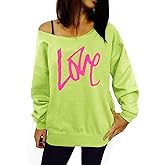 Smile Fish Women's Sexy Off The Shoulder 80s Outfit Sweatshirt Slouchy Printed Long Tunics Top