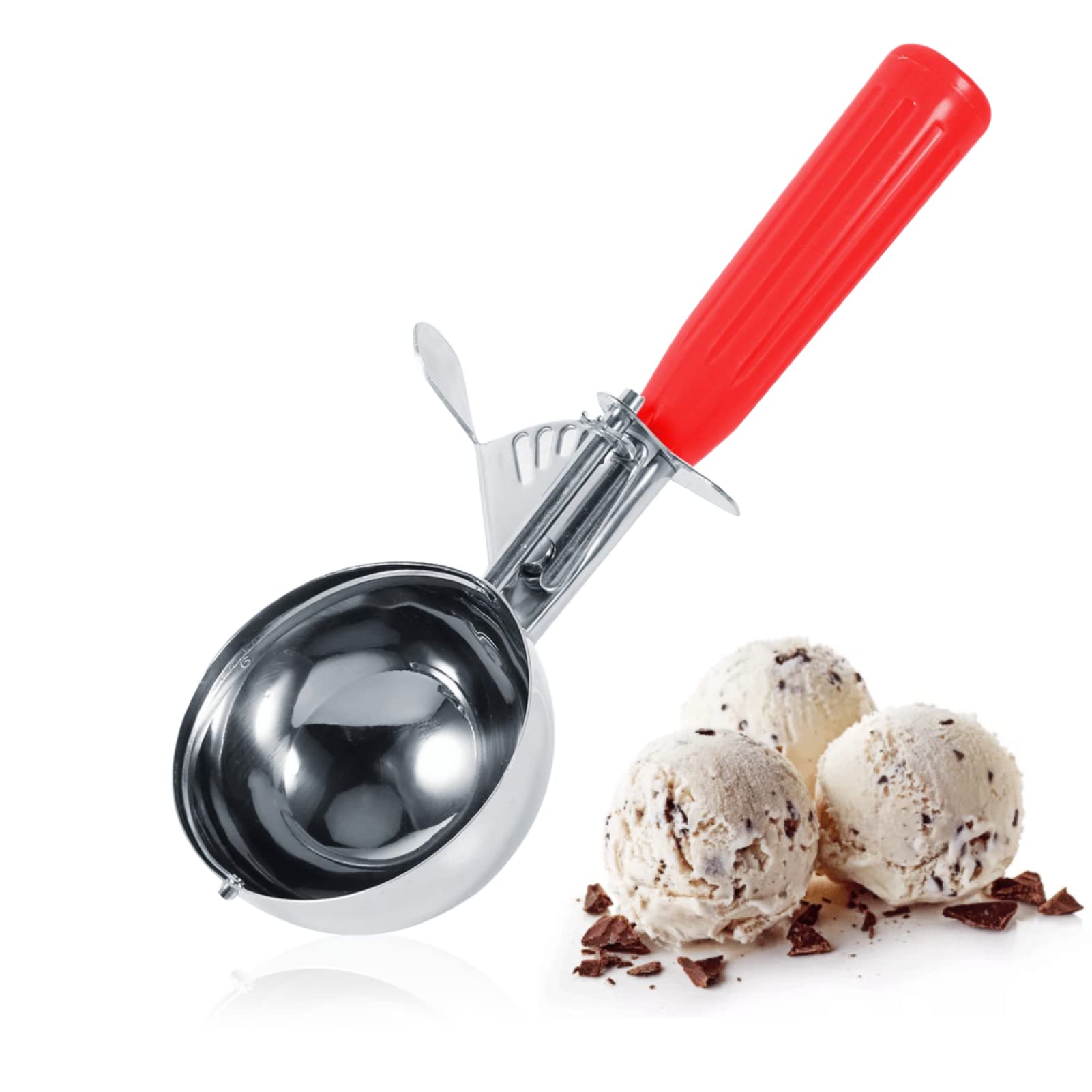 Dioche Ice Cream Scoop, Polished Stainless Steel Ice Cream Spoon with Easy Trigger, Scoop for Ice Cream, Rice, Melon Balls, Cookies, Cakes, Fruit, Mashed Potatoes, Dough, Kitchen Tool (5.2CM-Red)