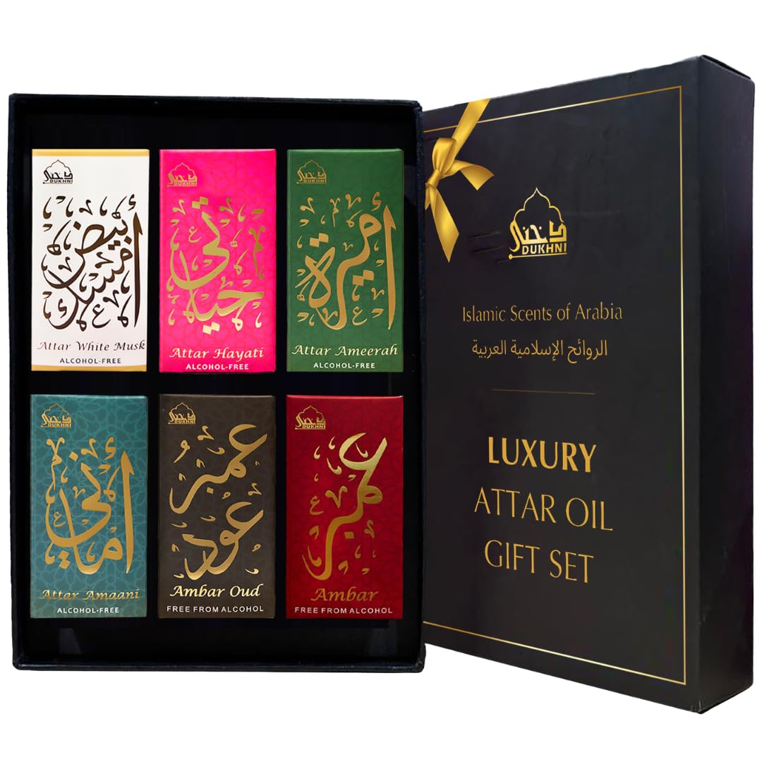 Dukhni Luxury Attar Oil Set | Arabian unisex perfume oils | 6 assorted scents x 6ml | Mini roll ons, arabic oud fragrance oil | Alcohol free, Vegan, Collection Set for Gifting