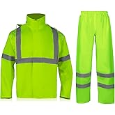 VENDACE Hi Vis Reflective Rain Jacket Suit and Pants for Men Waterproof Class 3 High Visibility Safety Rain Gear Raincoat(L/XL)