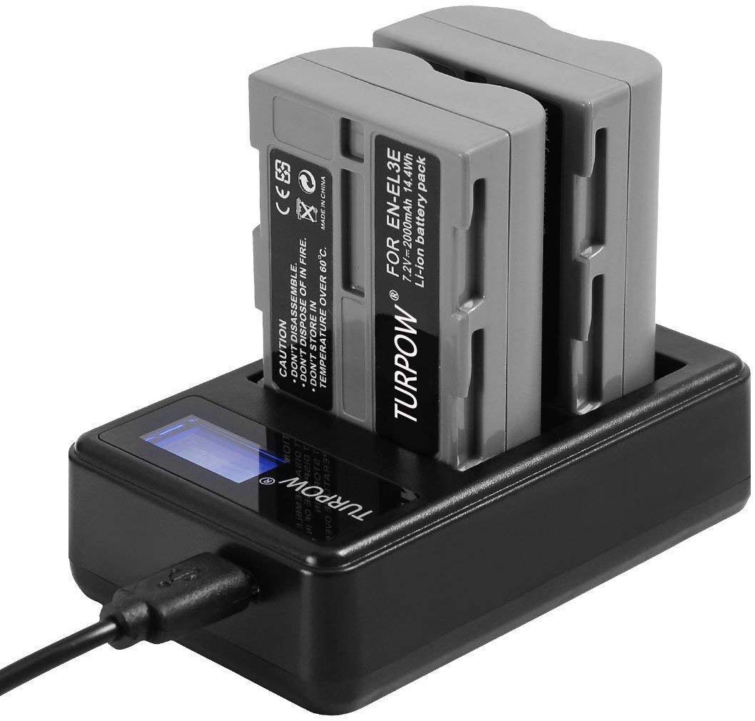 Turpow EN-EL3e EN-EL3 Battery Charger Li-ion 2.0Ah Rechargeable Replacement Battery for Nikon D700 D70 D90 D50 D70s D80 D100 D200 D300 D300S SLR Camera Digital (2 x Batteries + LCD Dual USB Charger)