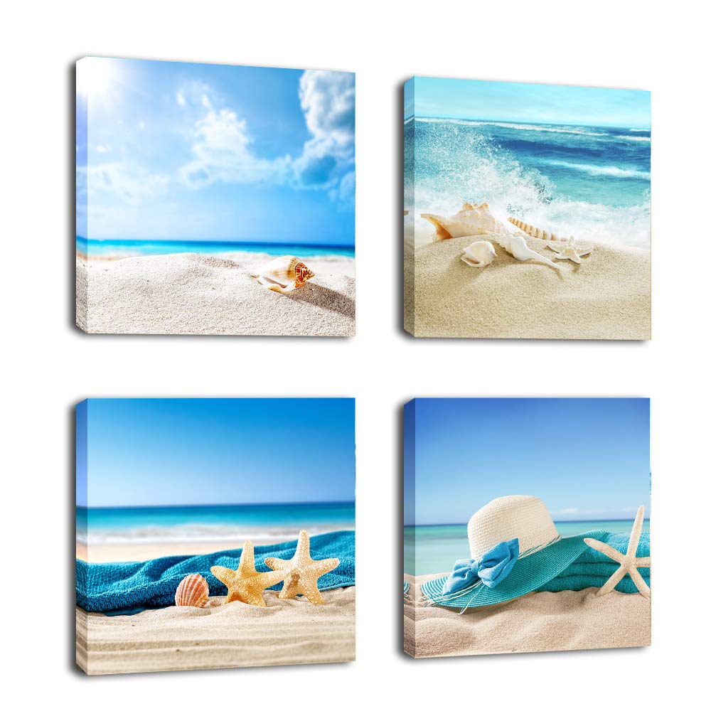 Paimuni Seashell Starfish on Beach Canvas Wall Art Contemporary Wall Art Prints for Bathroom Bedroom Living Room Decoration Office Wall Decor Ready to Hang 12x12 Inches 4 Panel