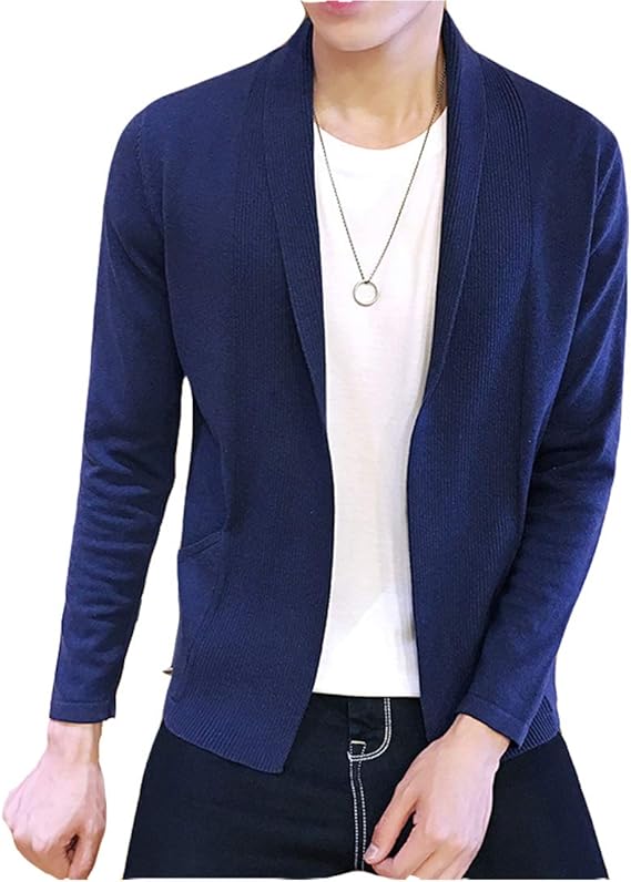 Amazon メンズ カーディガン 羽織 襟付き ニットカーディガン カーデ ストレッチ コットン 着回し ジャケット風 藏青 M カーディガン 通販