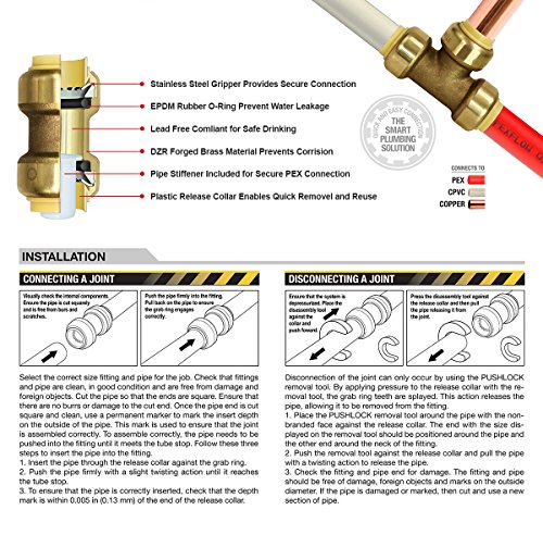 Pushlock UPCTF34 Tee x Female Pipe Fittings Push to Connect Pex Copper, CPVC, 3/4 Inch, Brass, 3/4" - Thumbnail 6