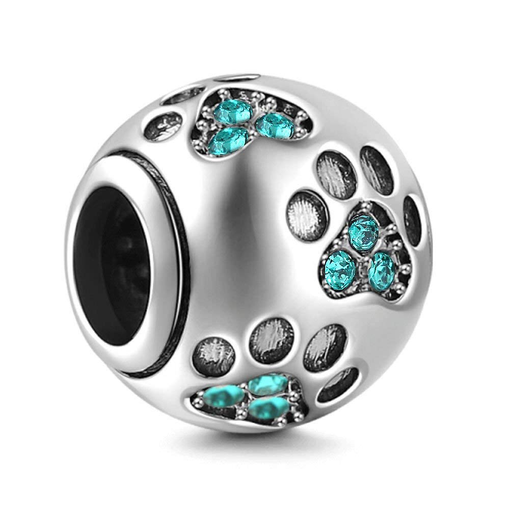 Paw Prints Solid 925 Sterling Silver Charm with Blue Crystal Designs Ball Shape European Style Beads and Charms