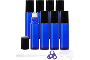 StellaCare Roller Bottles for Essential Oils,10ml Empty Glass Perfume Bottle with Stainless Steel Roller Balls, Opener,Droppers,Labels,8 pack Roll on Bottles