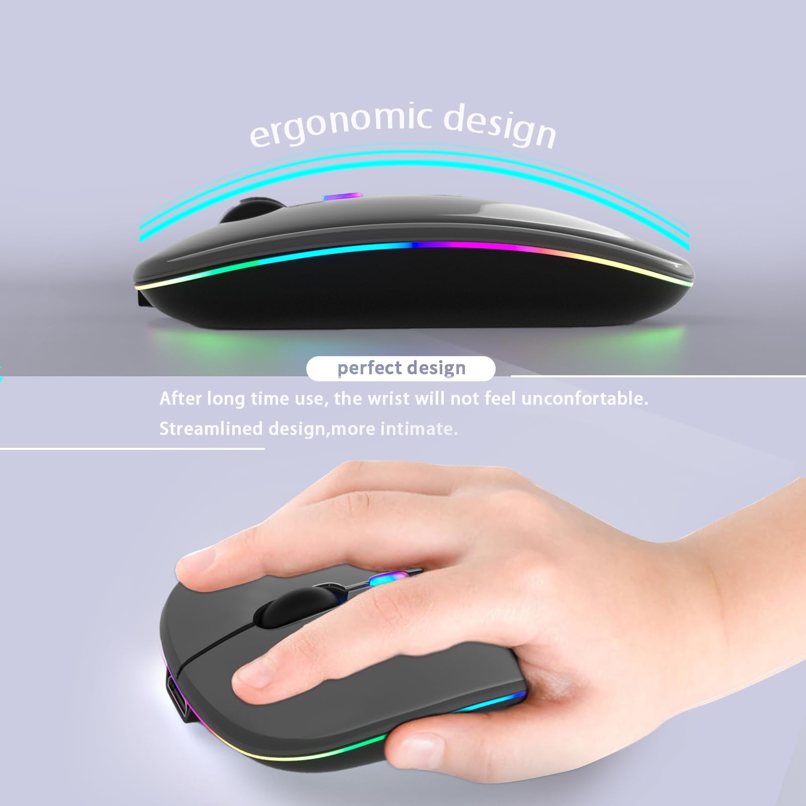 KANMABPC Wireless Bluetooth Mouse – Rechargeable, Silent, Dual Mode (Bluetooth 5.2 & USB) with LED Lights – Portable for Laptop, Desktop, & Tablet(Grey)