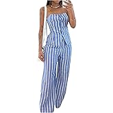 SOLY HUX Women's 2 Piece Outfit Striped Button Down Strapless Tube Top and Wide Leg Pants Set