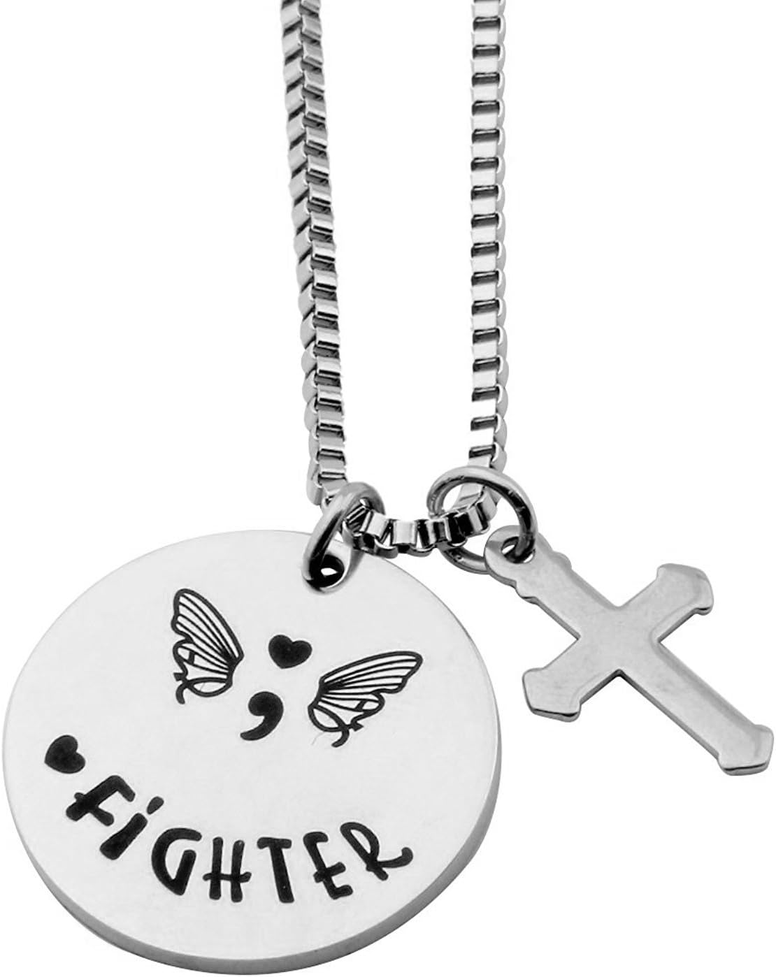 Semicolon Charm Necklace Hand Stamped Semicolon Cross Pendant Charms Jewelry Gift for Her