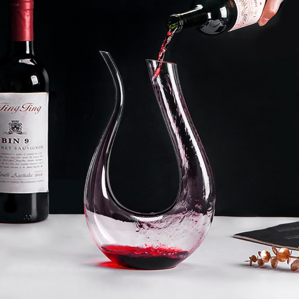 HALAWAKA Wine Decanter - 100% Lead-Free U-Shaped Crystal Wine Carafe Red Hand Blown Wine Decanter 1.2L