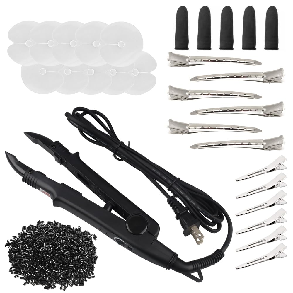 Photo 1 of GlamorDove Hair Extension Tool Kit Profession Fusion Heat Iron Connector US Plug 100g Keratin Beads Heat Shield Guards for Keratin Bonding Tool Weft Extension Hair Styling (Black)