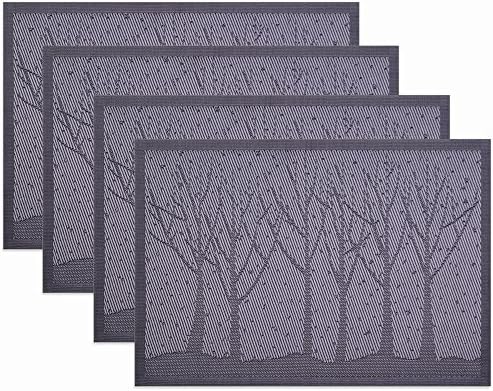 Reversible placemats grey, Set of 4, Dining Room Placemats for Table, Woven Vinyl Kitchen Placemats (4 pcs Grey tree)