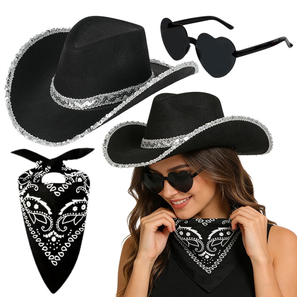 JynxtoyZeal Cowboy Hats Dress-Up Set, 3pcs Sequins Cowboy Hats with Bandanas and Glasses, Valentine's Day Gift - Western Fancy Dress for Hen Parties, Stag Dos, Carnival & Themed Events (Black)