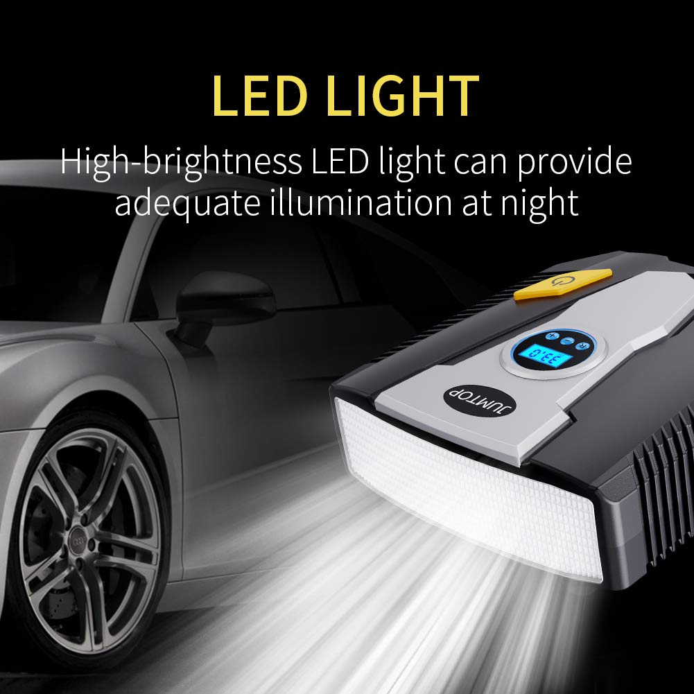 JUMTOP Compresseur d\'Air Portatif 12V/150PSI,Gonfleur Pneus Voiture, Gonfleur de Pneu avec l‘Affichage Numérique LCD, Pratique pour Gonfler le Pneu de Voiture/ Bicyclette/ Moto, Lampe LED Intégrée.