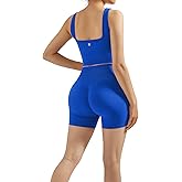 SUUKSESS Women 2 Piece Workout Sets Hidden Scrunch Butt Lifting Biker Shorts Square Neck Tank Tops