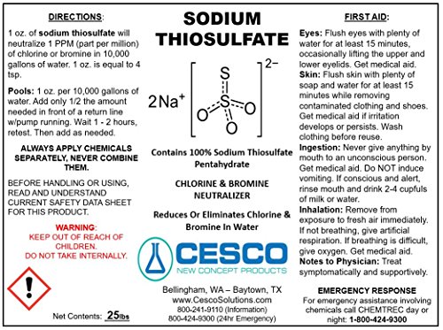 Cesco 100% SODIUM THIOSULFATE Pentahydrate - 25 lbs - (Na2O3S2) for Pools Aquariums Ponds Photo & more