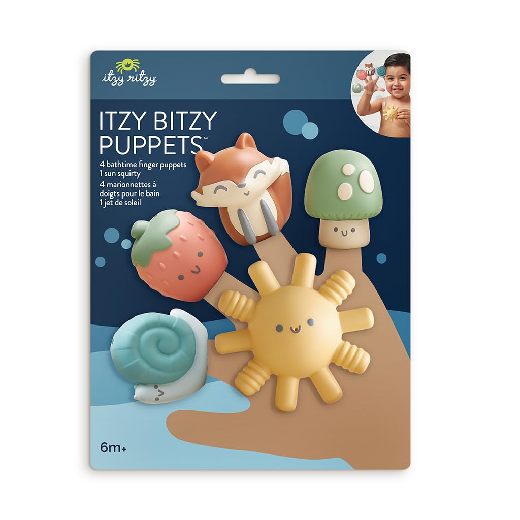 Itzy Ritzy Finger Puppet Bath Toy Set– 5-Piece Set Includes 4 Soft Finger Puppets & 1 Water-Squirting Bath Toy – Fun Characters Offer Interactive & Imaginative Play – for 6 Months and Up - Multicolor