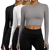 Simlakey 3 Pack Women's Workout Shirts Compression Long Sleeve Crop Tops Crew Neck Yoga Gym Athletic Fitted Crop T-Shirts