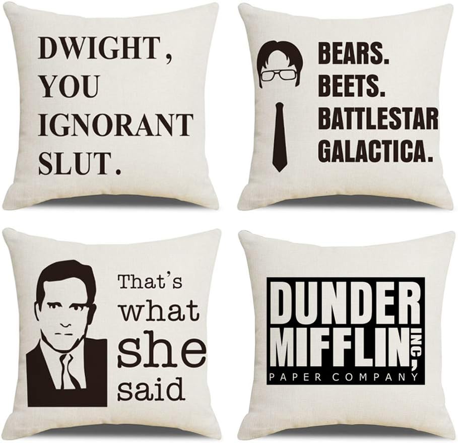 YNOUU 4pcs The Office TV Show Pillow Cases Pillow Covers The Office Merchandise The Office Quote Throw Pillow Covers 18x18 Weird Gifts for Dwight Schrute Fans