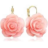 JIUIQL Handmade 14K Gold Acrylic Rose Flower Dangle Drop Earrings Camellia Floral Leverback Earrings for Women