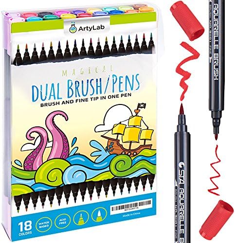Dual Brush Pen Set | 18 colors | Fine tips liners | Water-based, Ultra Bright Pigment, Acid-Free | Best for Adult and Kid’s Coloring Books, Illustration, Technical Drawing, and more by ArtyLab
