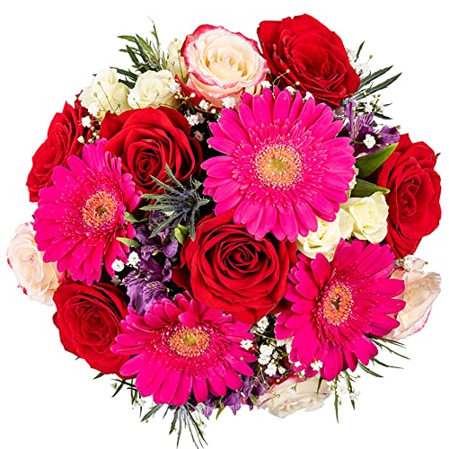 PICK YOUR OWN DELIVERY DATE Red, Pink Sunset Fresh Flower Bouquet with Vase Designed by