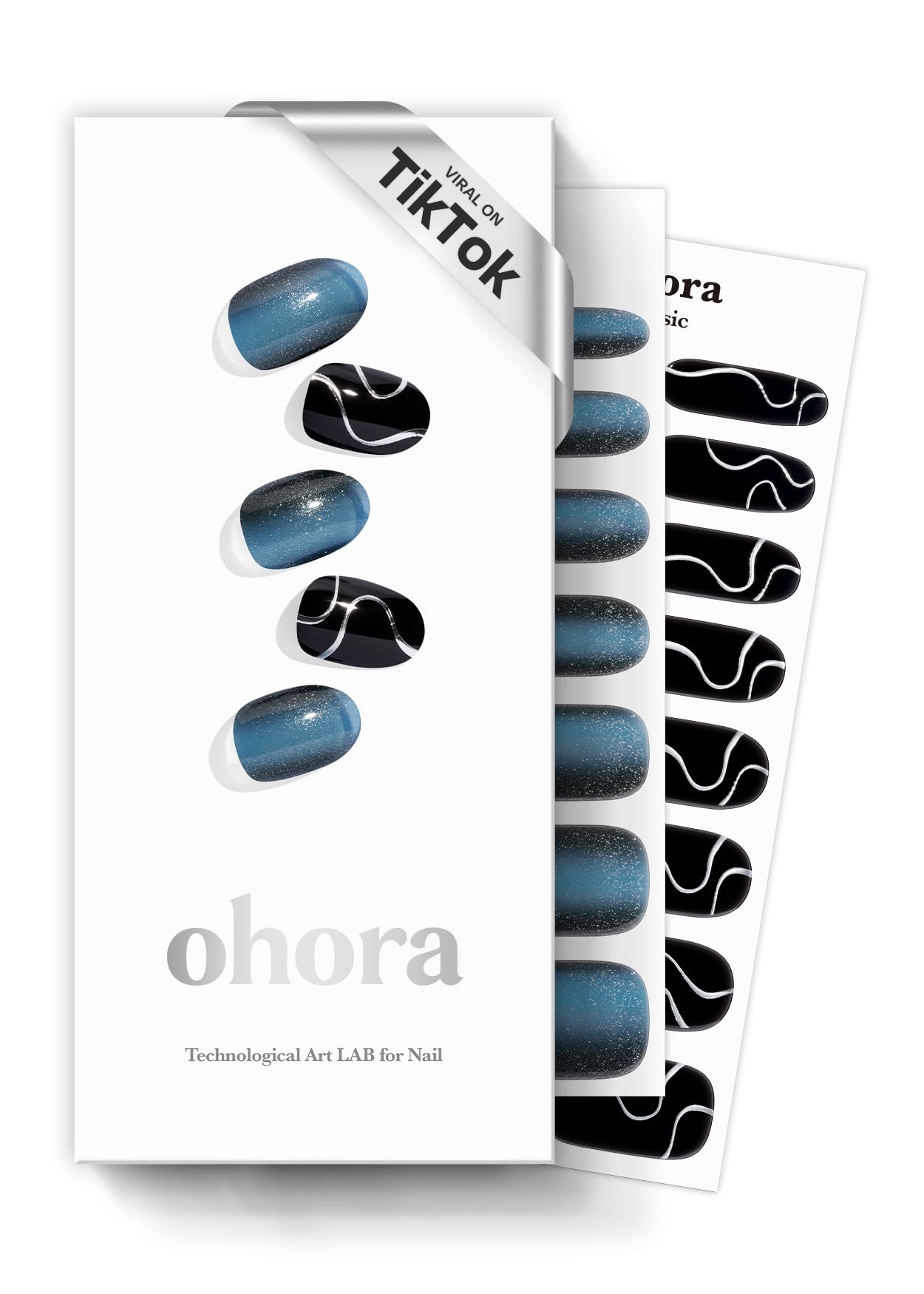 ohora Semi Cured Gel Nail Strips (N DJ Wave) - Dark, Ombre/Patterned, 30 Pcs, 2 Cycles, UV Lamp Compatible, Salon-Quality, Long-Lasting & Easy to Apply, Includes 2 Prep Pads, Nail File & Stick