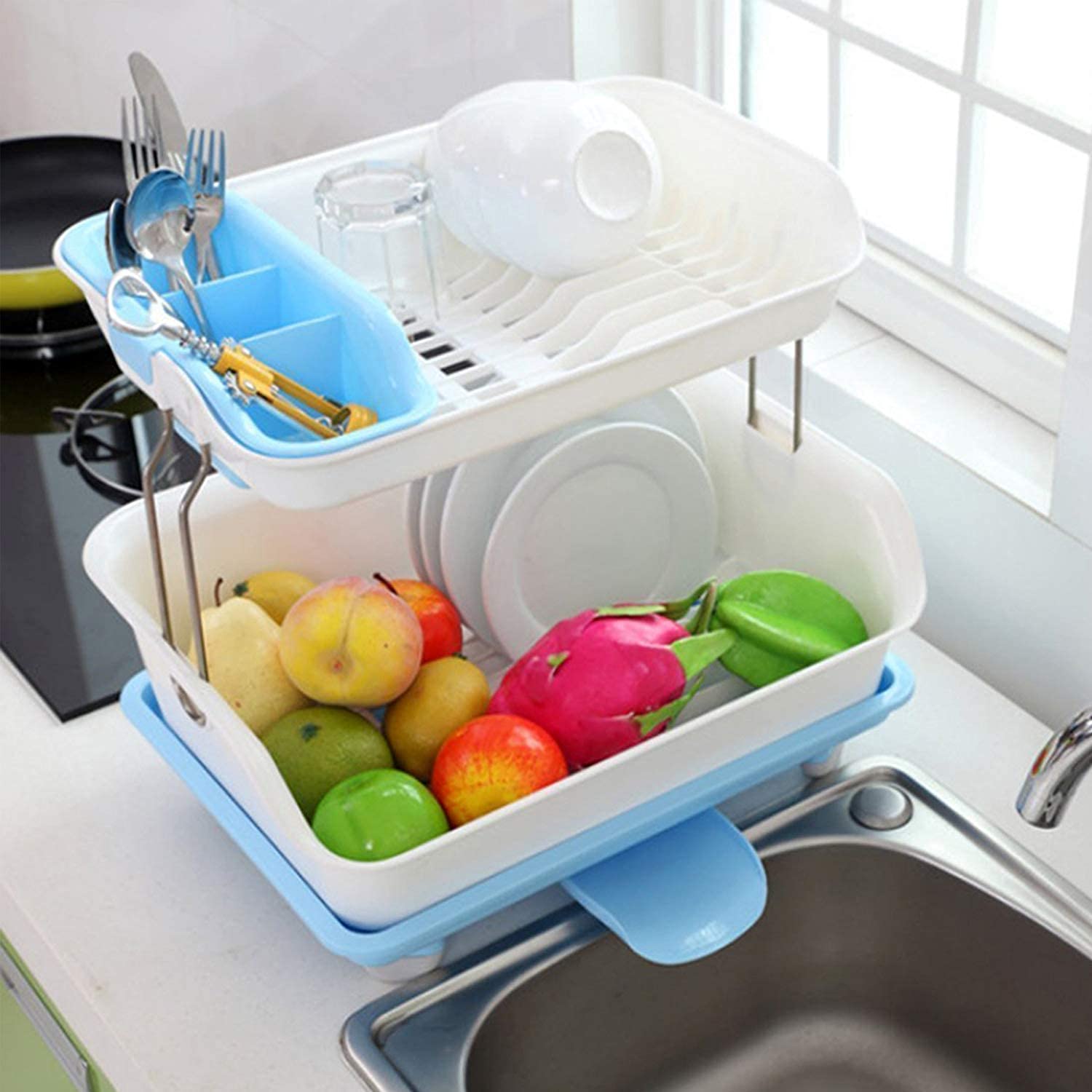 QUISTAL Trendy Dual Layer Heavy Plastic Dish Drainer Rack for Kitchen