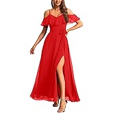 Formal Dresses for Women - Off The Shoulder Wedding Guest Bridesmaid Prom Chiffon Flowy Split A-Line Long Dress
