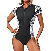 Yonique Women's Rash Guard Short Sleeve Swimsuits One Piece Zipper Bathing Suit Surfing Swimwear UPF 50+