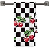 Fyecoluo Black and White Checkered Cherry Kitchen Towels Decorative, Retro Trendy Plaid Cherries Dish Hand Tea Towels, Cherry Kitchen Bathroom Decor, 16x24 Inch
