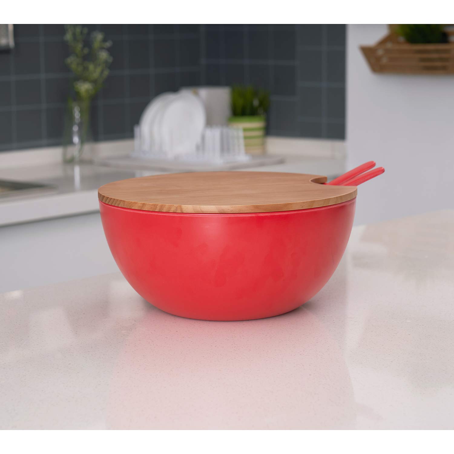 Kitchen & Dining Red Extra Large Serving Bowl Set Bamboo Fiber Material Perfect for Salad Fruit